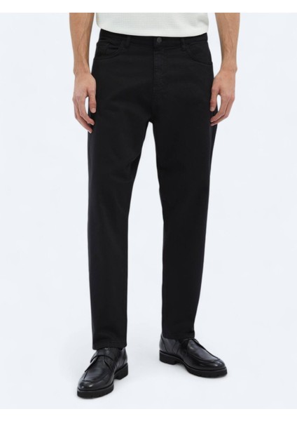 Siyah Dokuma Carrot Fit Casual Pamuk Karışımlı Pantolon