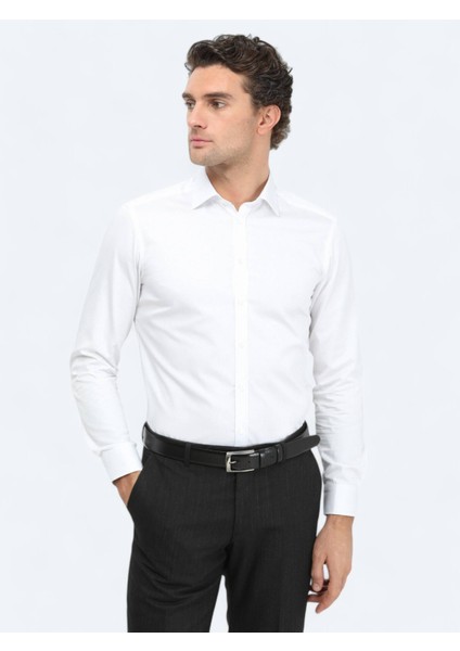 Beyaz Düz Slim Fit Dokuma Klasik %100 Pamuk Gömlek