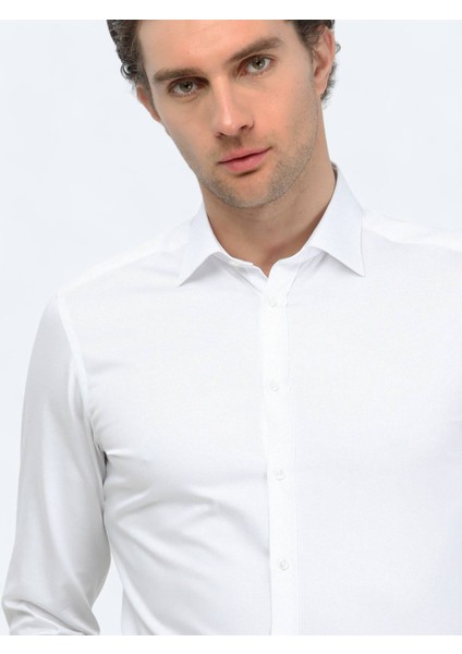 Beyaz Düz Slim Fit Dokuma Klasik %100 Pamuk Gömlek