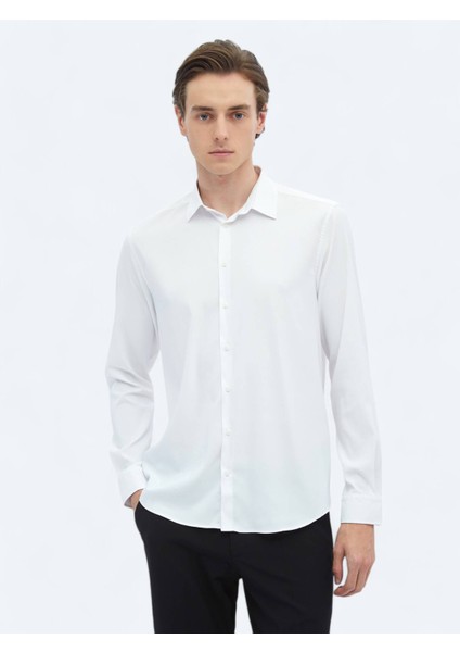 Beyaz Düz Regular Fit Dokuma Casual Gömlek