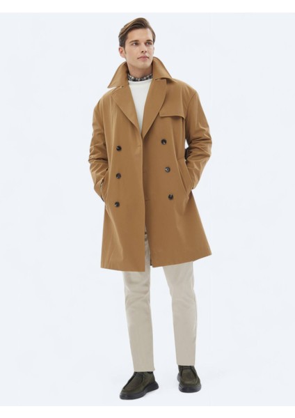 Deve Tüyü Oversize Fit Kruvaze Yaka Casual Dokuma Pardesü