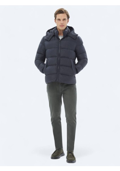 Lacivert Regular Fit Kapüşonlu Casual Dokuma Mont