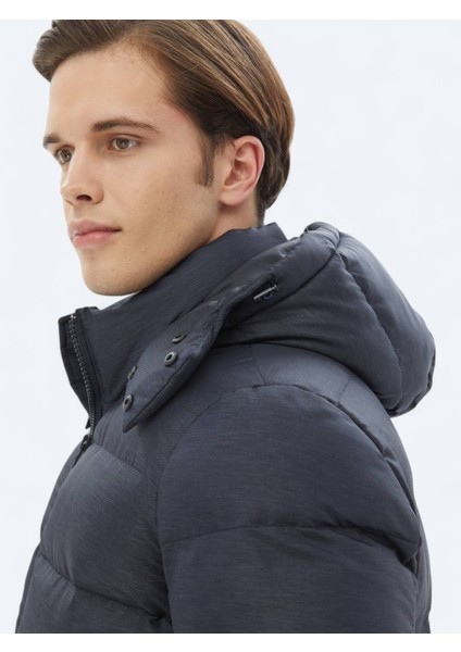 Lacivert Regular Fit Kapüşonlu Casual Dokuma Mont