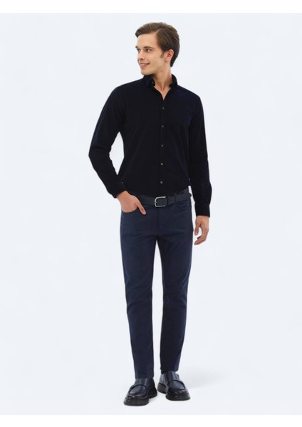 Lacivert Dokuma Slim Fit Casual Pamuk Karışımlı Pantolon