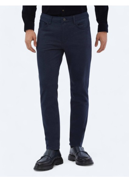 Lacivert Dokuma Slim Fit Casual Pamuk Karışımlı Pantolon