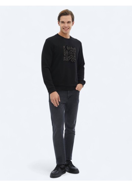 Siyah Bisiklet Yaka Baskılı Sweatshırt