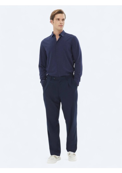 Lacivert Dokuma Loose Fit Casual Pantolon