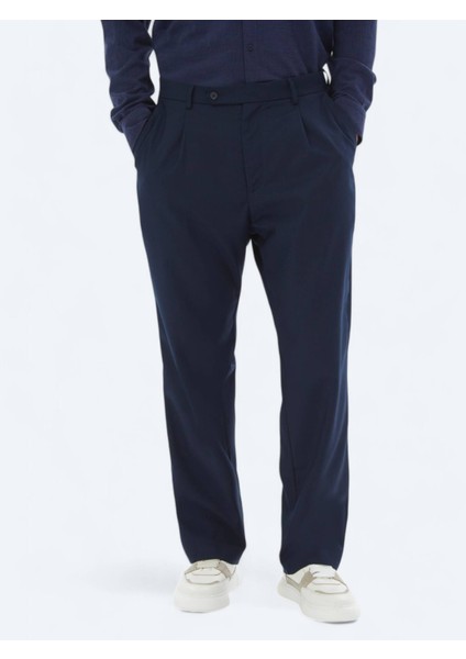 Lacivert Dokuma Loose Fit Casual Pantolon