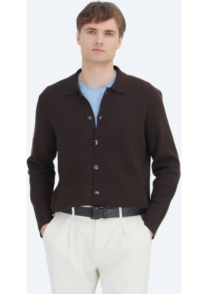 Kahverengi Polo Yaka Düz Örgü Yün Karışımlı Hırka