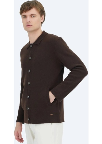 Kahverengi Polo Yaka Düz Örgü Yün Karışımlı Hırka