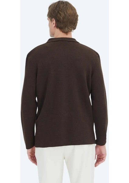 Kahverengi Polo Yaka Düz Örgü Yün Karışımlı Hırka