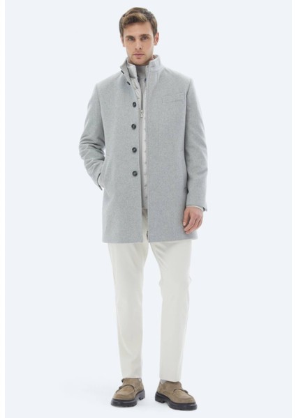 Gri Regular Fit Dik Yaka Klasik Dokuma Palto