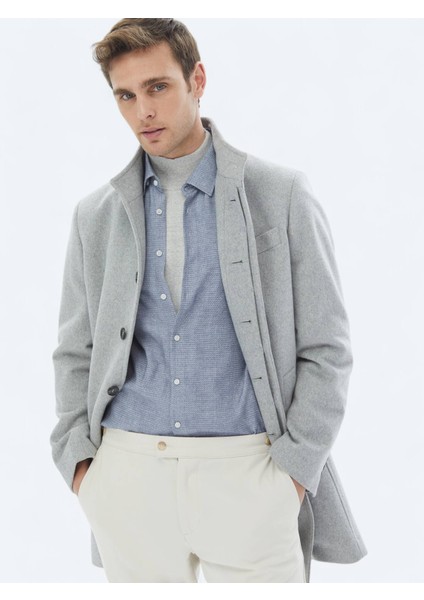 Gri Regular Fit Dik Yaka Klasik Dokuma Palto