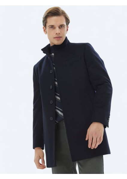 Lacivert Regular Fit Dik Yaka Klasik Dokuma Palto