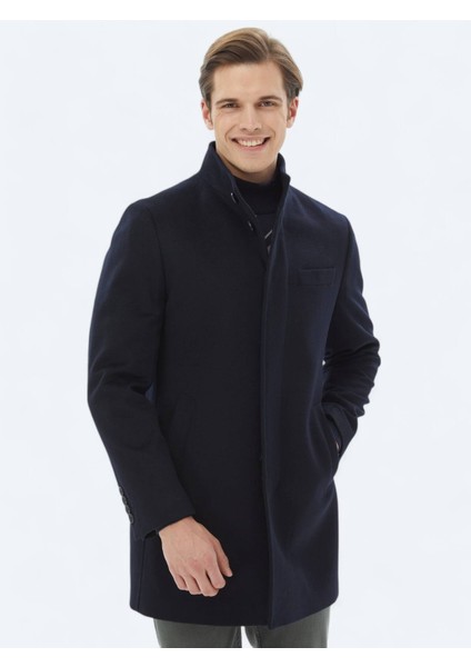 Lacivert Regular Fit Dik Yaka Klasik Dokuma Palto