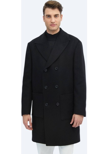 Siyah Regular Fit Kruvaze Yaka Klasik Dokuma Palto