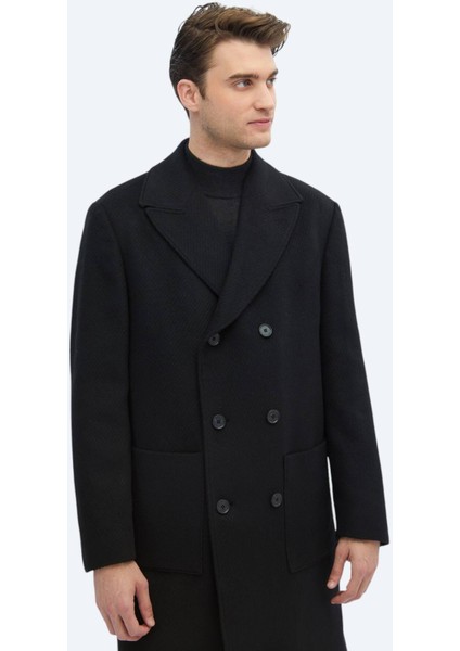 Siyah Regular Fit Kruvaze Yaka Klasik Dokuma Palto