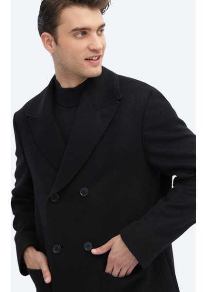 Siyah Regular Fit Kruvaze Yaka Klasik Dokuma Palto