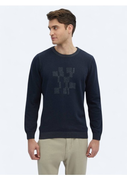 Lacivert Bisiklet Yaka Desenli Pamuk Karışımlı Triko Kazak