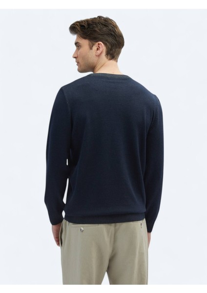 Lacivert Bisiklet Yaka Desenli Pamuk Karışımlı Triko Kazak