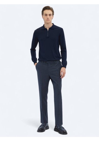 Lacivert Polo Yaka Düz Örgü Triko Kazak