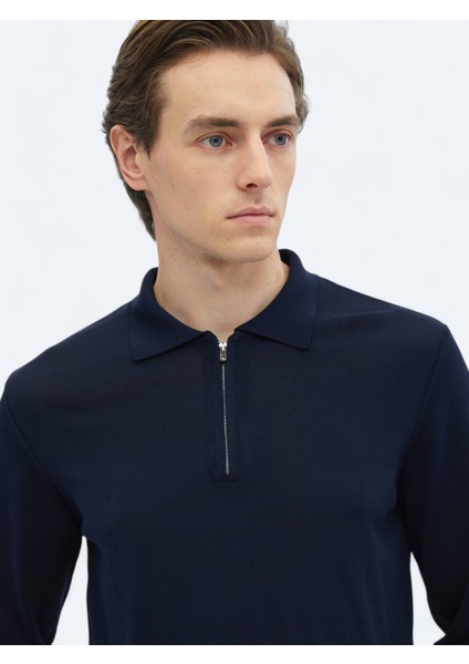 Lacivert Polo Yaka Düz Örgü Triko Kazak
