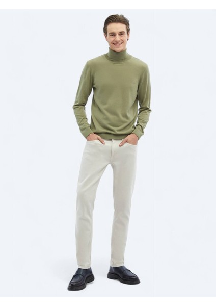 Açık Yeşil Tam Balıkçı Yaka Düz Örgü Yün Karışımlı Triko Kazak