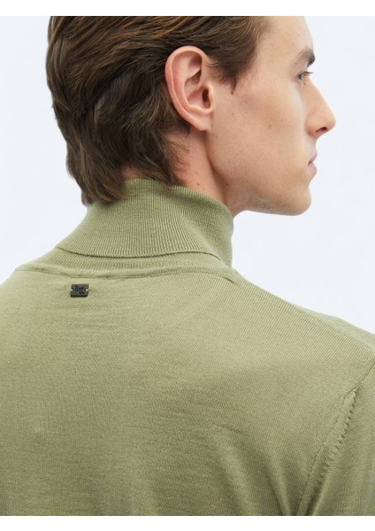 Açık Yeşil Tam Balıkçı Yaka Düz Örgü Yün Karışımlı Triko Kazak