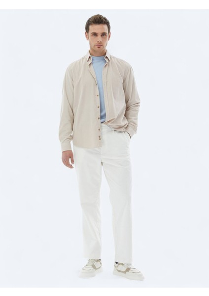 Bej Fitilli Regular Fit Dokuma Kadife Casual %100 Pamuk Gömlek