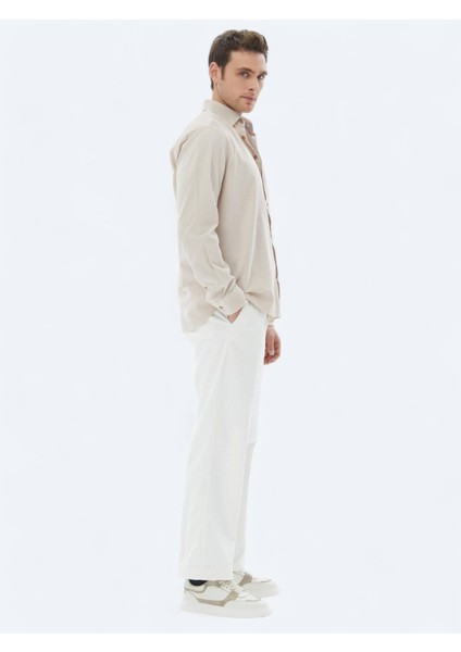 Bej Fitilli Regular Fit Dokuma Kadife Casual %100 Pamuk Gömlek