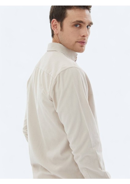Bej Fitilli Regular Fit Dokuma Kadife Casual %100 Pamuk Gömlek