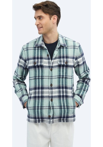 Mint Kareli Regular Fit Dokuma Yün Karışımlı Overshırt