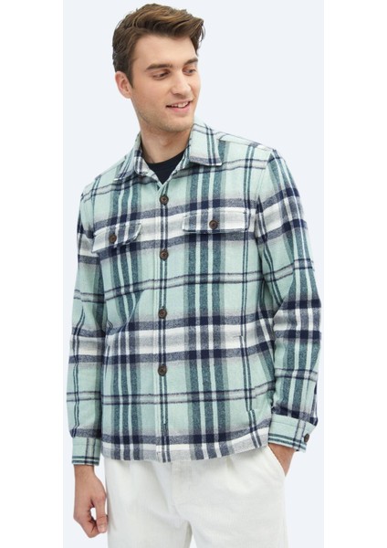 Mint Kareli Regular Fit Dokuma Yün Karışımlı Overshırt