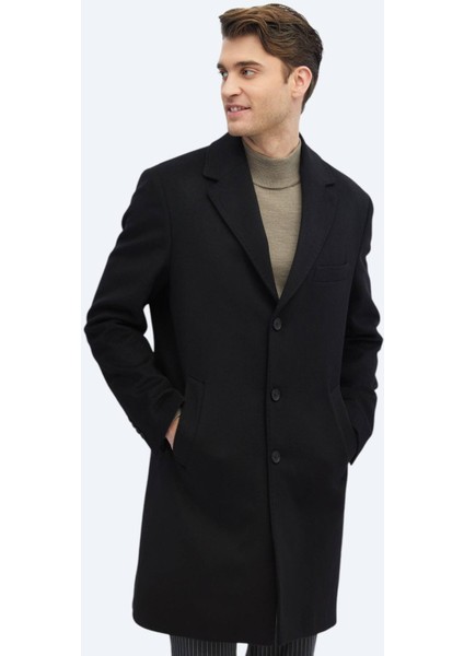 Siyah Regular Fit Kelebek Yaka Klasik Dokuma Palto