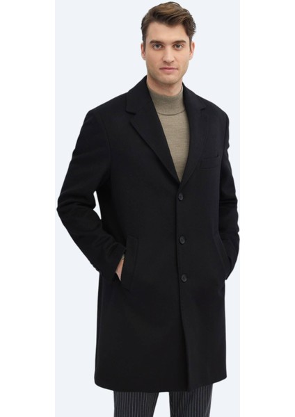 Siyah Regular Fit Kelebek Yaka Klasik Dokuma Palto
