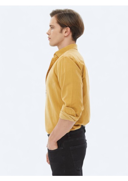 Sarı Fitilli Regular Fit Dokuma Kadife Casual %100 Pamuk Gömlek