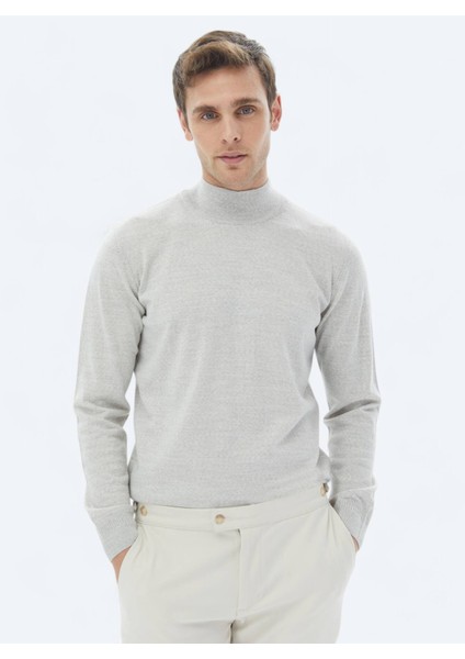 Açık Gri Yarım Balıkçı Yaka Düz Örgü Yün Karışımlı Triko Kazak