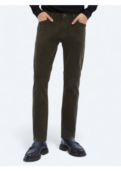 Haki Dokuma Slim Fit Kadife Casual Pamuk Karışımlı Pantolon