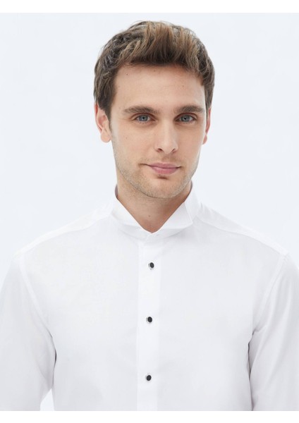 Beyaz Düz Slim Fit Duble Manşet Ata Yaka Smokin Gömlek