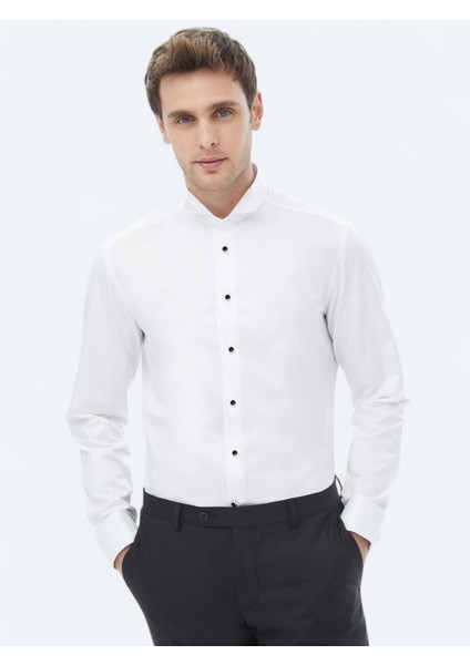 Beyaz Düz Slim Fit Duble Manşet Ata Yaka Smokin Gömlek