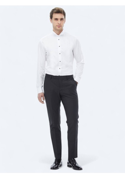 Beyaz Düz Slim Fit Duble Manşet Ata Yaka Smokin Gömlek