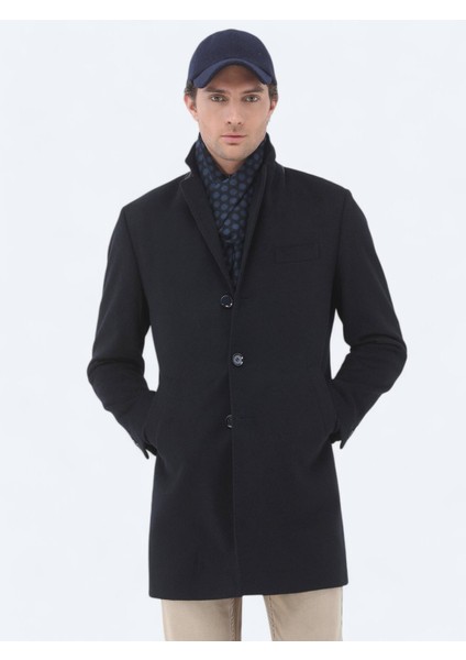 Lacivert Regular Fit Kelebek Yaka Klasik Dokuma Palto