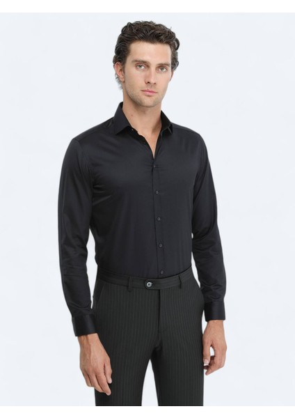 Siyah Düz Regular Fit Dokuma Klasik %100 Pamuk Gömlek indirimleri