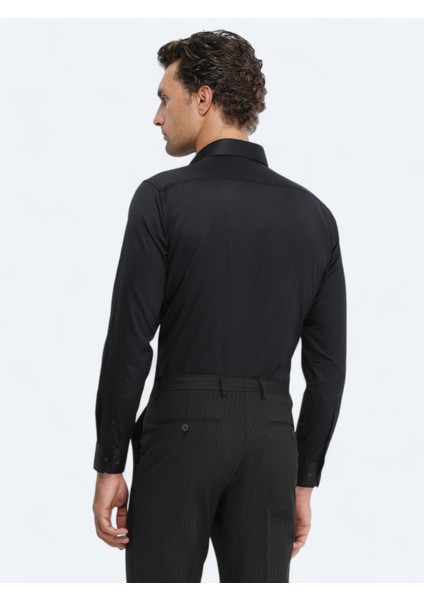 Siyah Düz Regular Fit Dokuma Klasik %100 Pamuk Gömlek