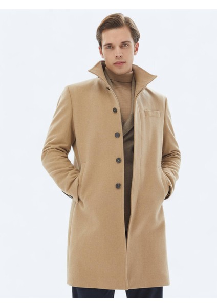 Deve Tüyü Regular Fit Dik Yaka Klasik Dokuma Palto