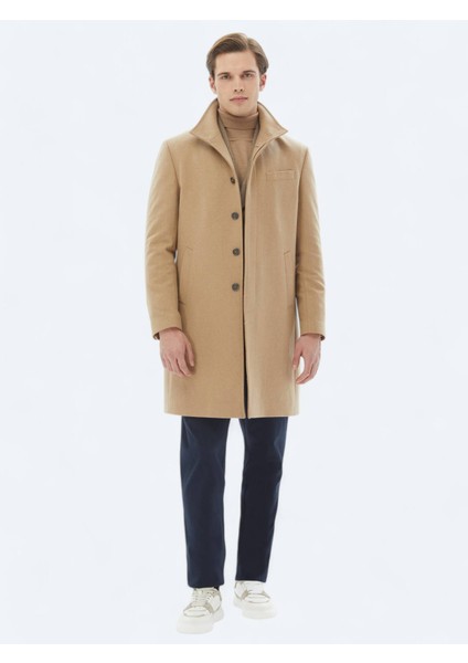 Deve Tüyü Regular Fit Dik Yaka Klasik Dokuma Palto