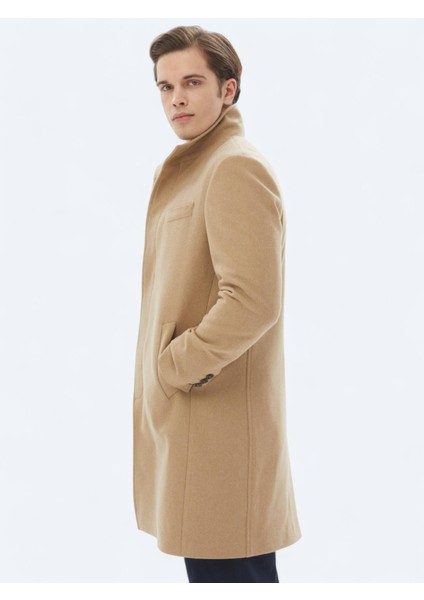 Deve Tüyü Regular Fit Dik Yaka Klasik Dokuma Palto