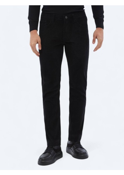 Siyah Dokuma Slim Fit Kadife Casual Pamuk Karışımlı Pantolon