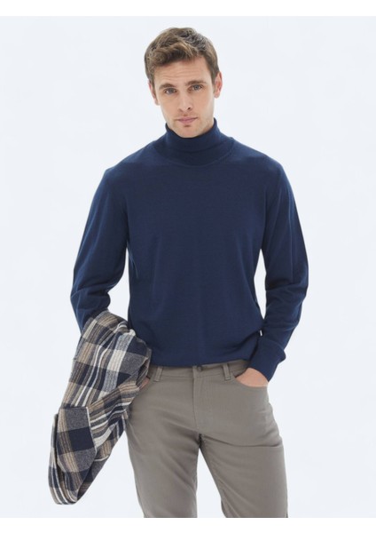 İndigo Tam Balıkçı Yaka Düz Örgü Yün Karışımlı Triko Kazak
