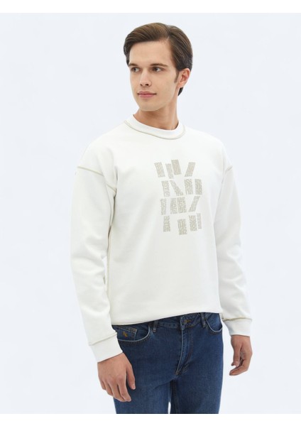 Ekru Bisiklet Yaka Baskılı Çift Taraflı Sweatshırt
